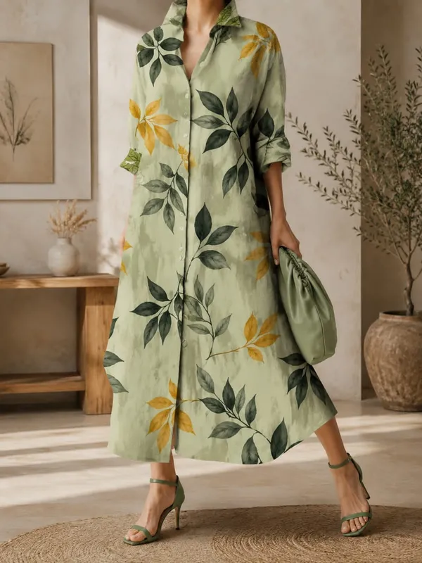 Green_Tropical_Leaf_Long_Shirt_Dress_For_Women