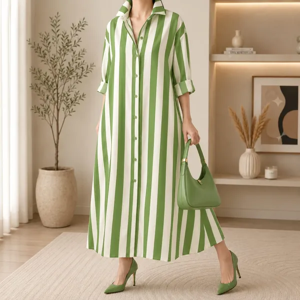 Mehendi_Green_Stripes_Long_Shirt_Dress_For_Women