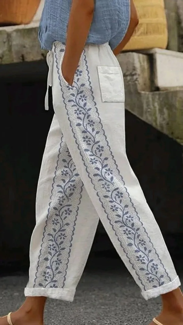 White_&_Blue_Floral_Print_Cotton_Pants_For_Women