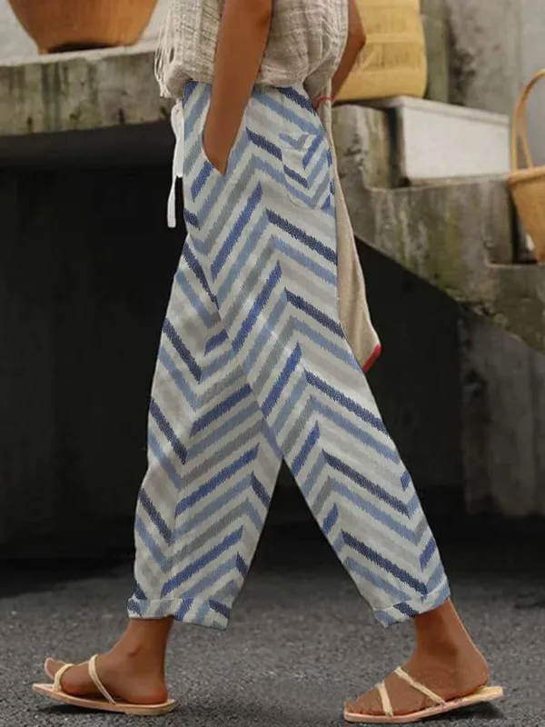 White_Line_Print_Cotton_Pants_For_Women