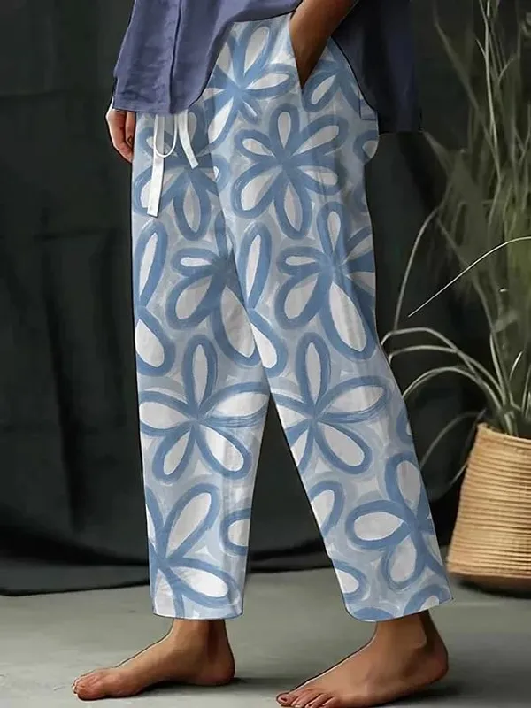 Light_Blue_Floral_Print_Cotton_Pants_For_Women
