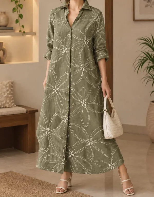 Olive_Green_And_White_Long_Shirt_Dress_For_Women