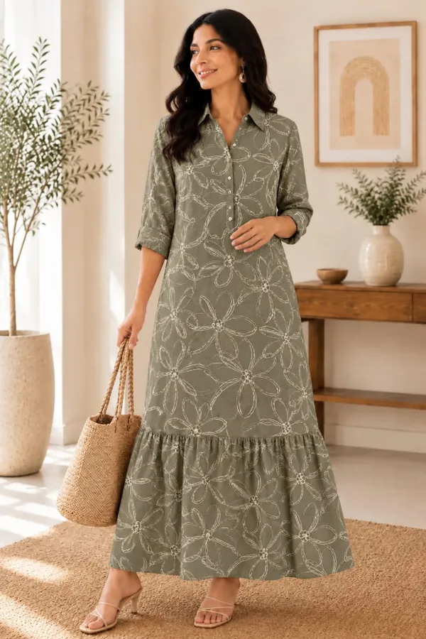 Olive_Green_And_White__Long_Dress_For_Women