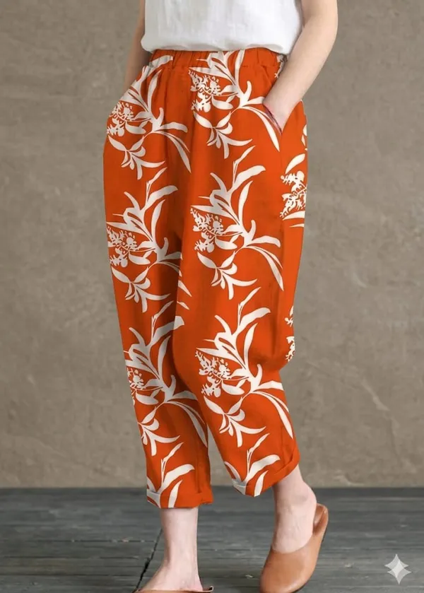 Orange_Floral_Print_Cotton_Pants_For_Women