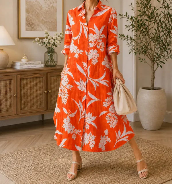 Orange_Floral_Printed_Shirt_Dress