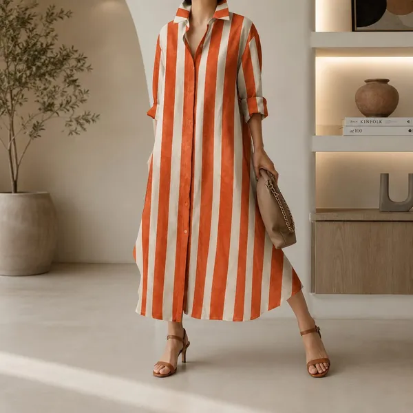 Orange_Stripes_Long_Shirt_Dress_For_Women
