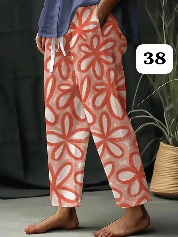 Orange__Floral_Print_Cotton_Pants_For_Women