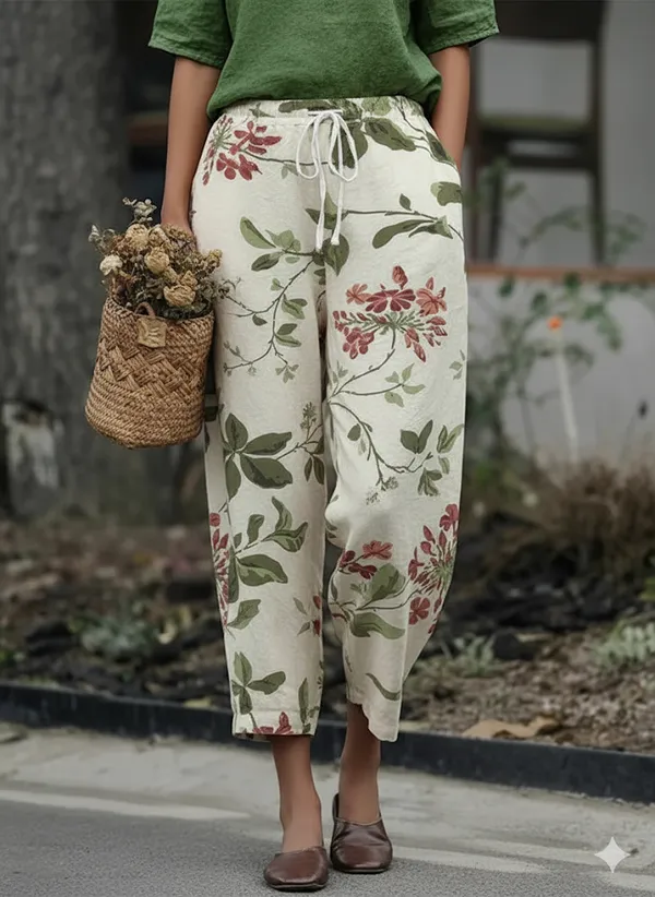 White_Line_Print_Cotton_Pants_For_Women