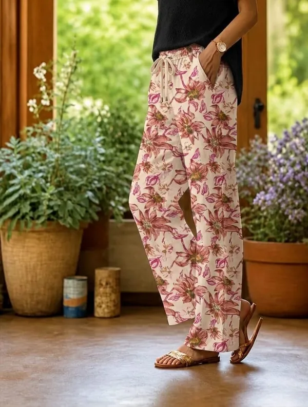 Red_Floral_Print_Cotton_Pants_For_Women