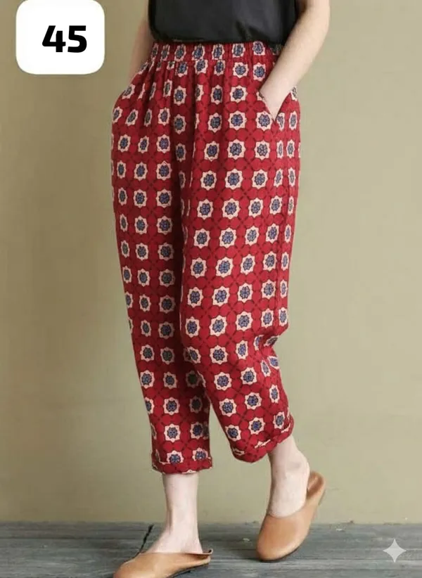 Red_Floral_Print_Cotton_Pants_For_Women