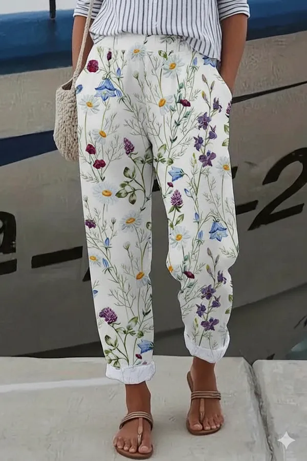 White_Floral_Print_Cotton_Pants_For_Women