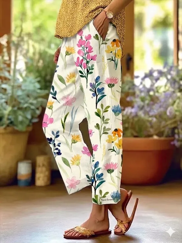 Beige_Floral_Print_Cotton_Pants_For_Women