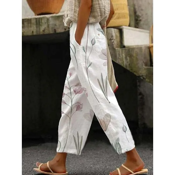 White_Floral_Print_Cotton_Pants_For_Women