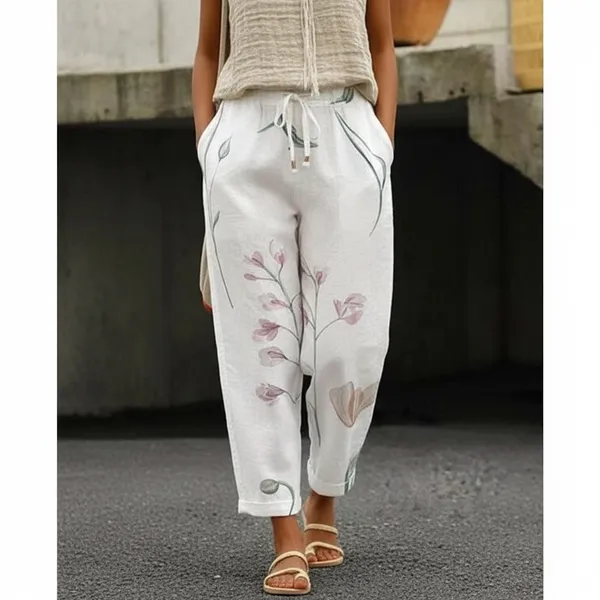 White_Floral_Print_Cotton_Pants_For_Women