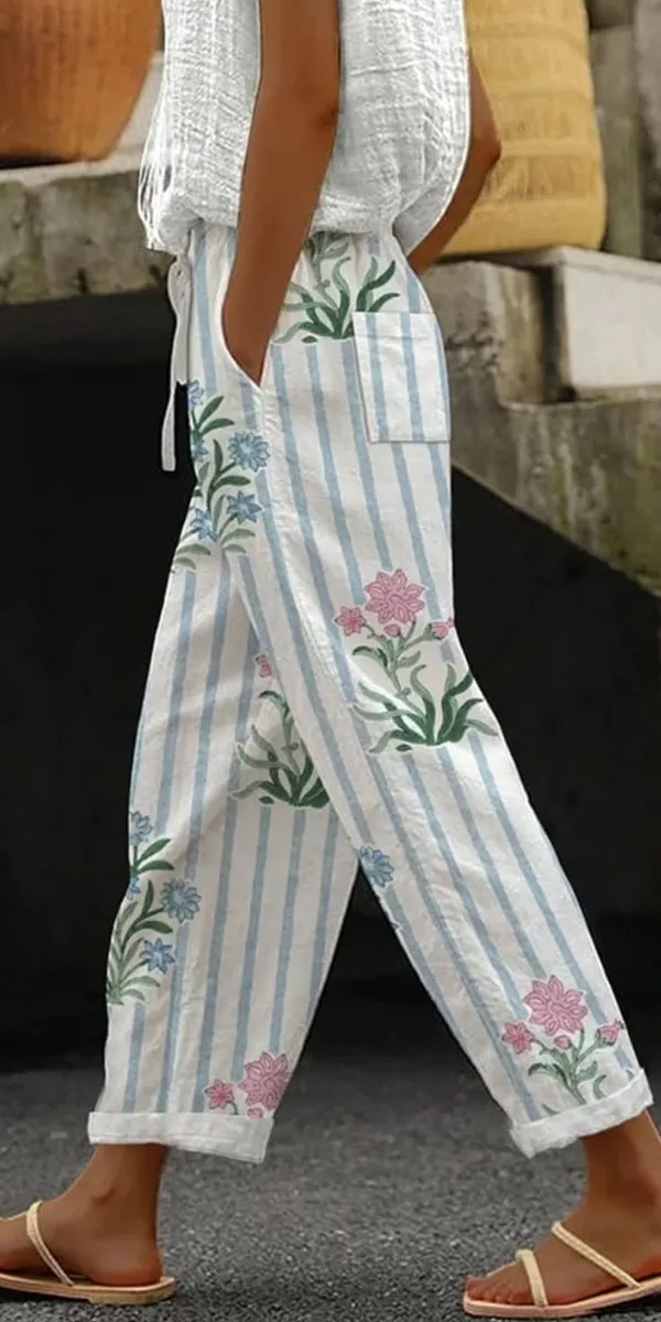 White_Floral_Pattern_Cotton_Pants_For_Women