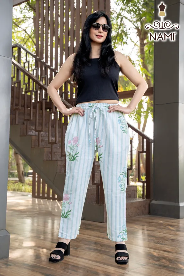 White_Floral_Pattern_Cotton_Pants_For_Women