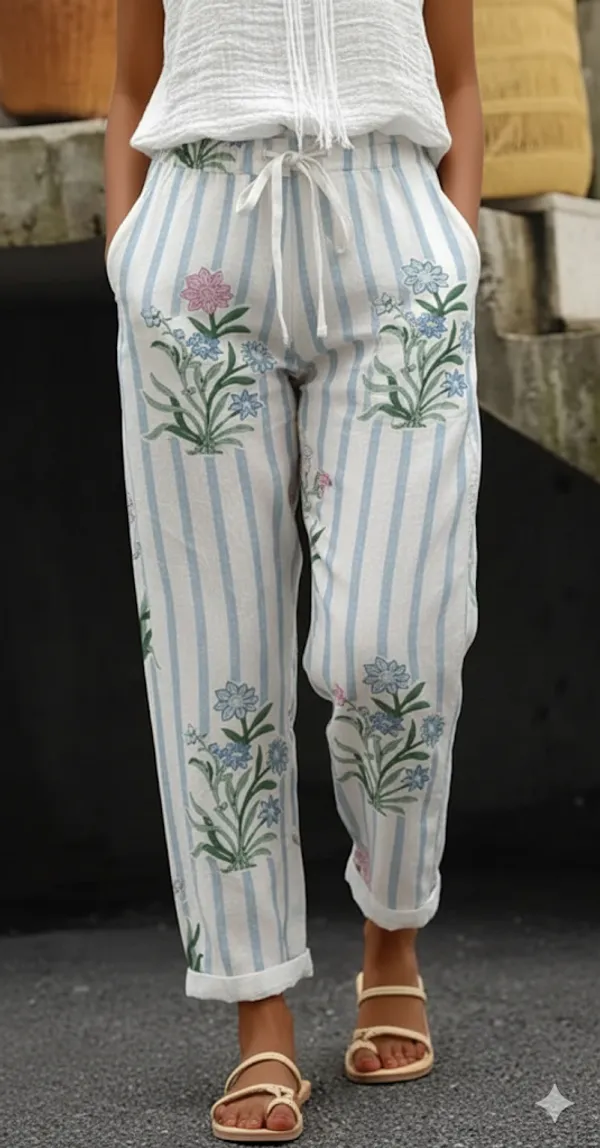 White_Floral_Pattern_Cotton_Pants_For_Women