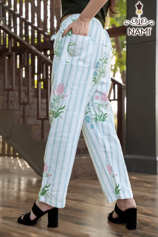 White_Floral_Pattern_Cotton_Pants_For_Women