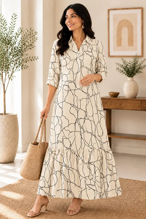 White_And_Black_Abstract_Long_Dress_For_Women
