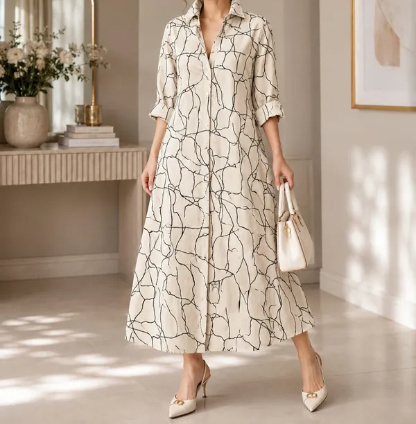 White_And_Black_Abstract_Long_Shirt_Dress_For_Women