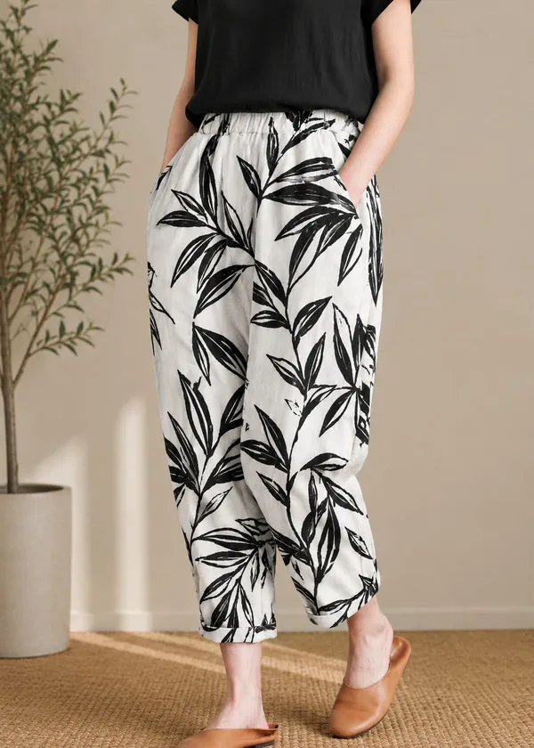 White_And_Black_Leaf_Print__Cotton_Pants_For_Women
