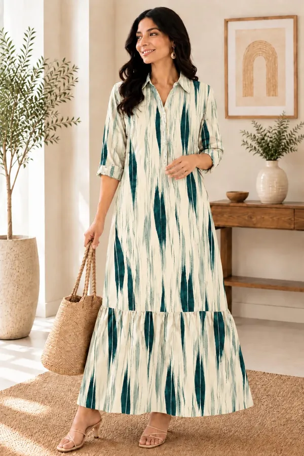 White_And_Blue_Tie-Dye_Long_Dress_For_Women