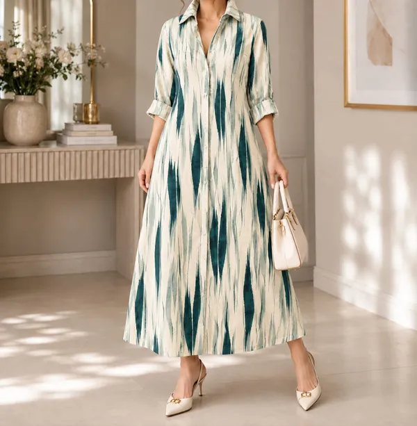 White_And_Blue_Tie-Dye_Long_Shirt_Dress_For_Women
