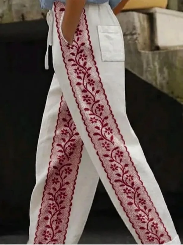 White_And_Red_Floral_Print_Cotton_Pants_For_Women