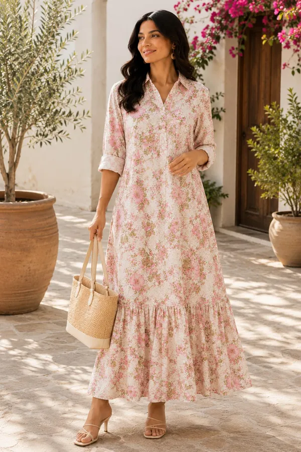 White_And_Pink_Floral_Printed_Long_Dress