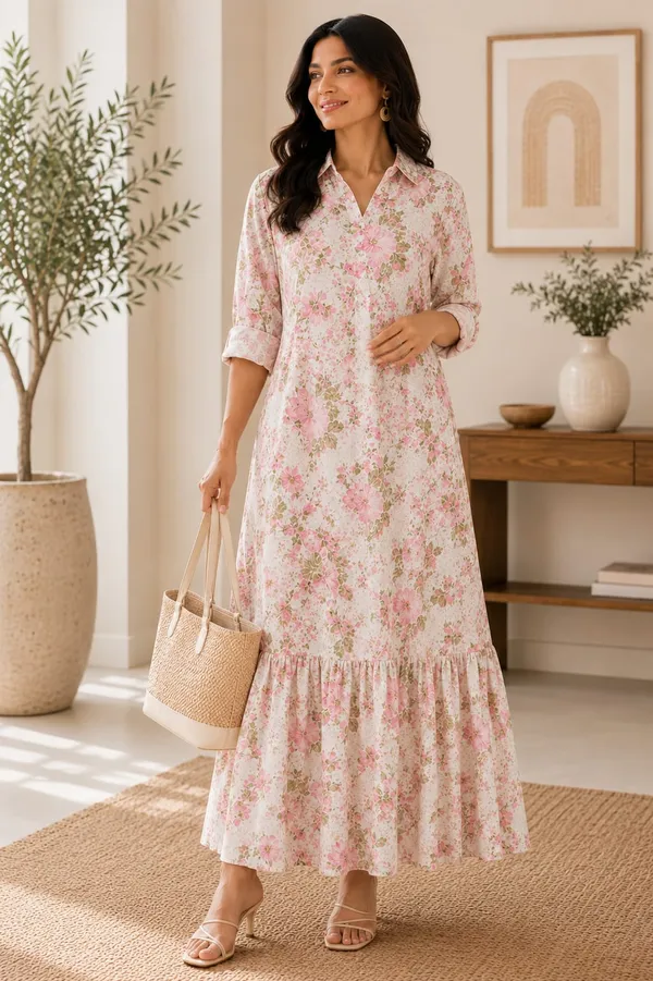 White_And_Pink_Floral_Printed_Long_Dress