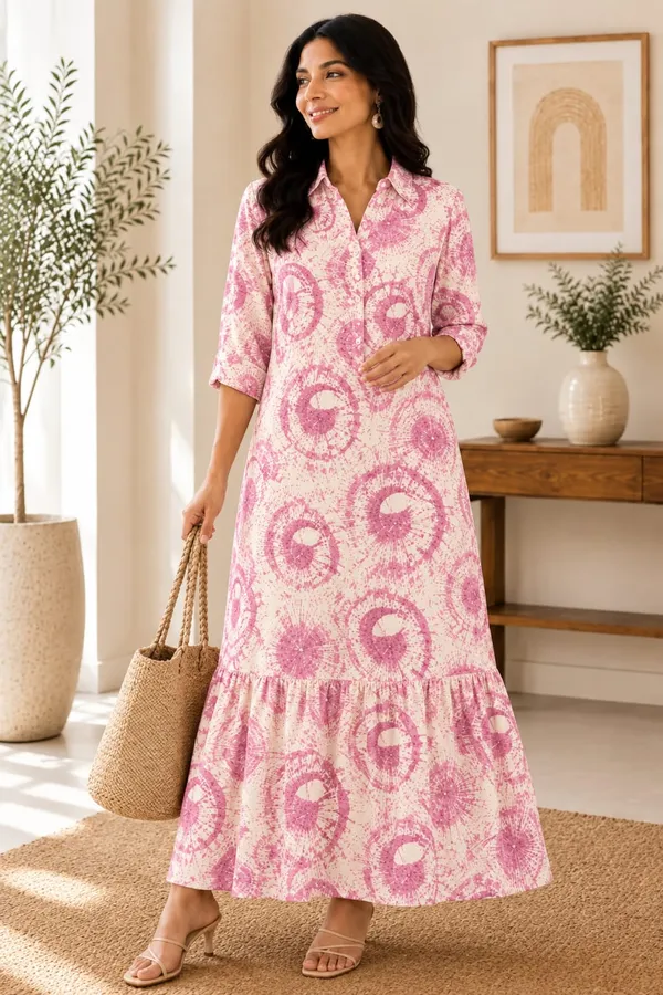 White_And_Pink_Tie-Dye_Long_Dress_For_Women
