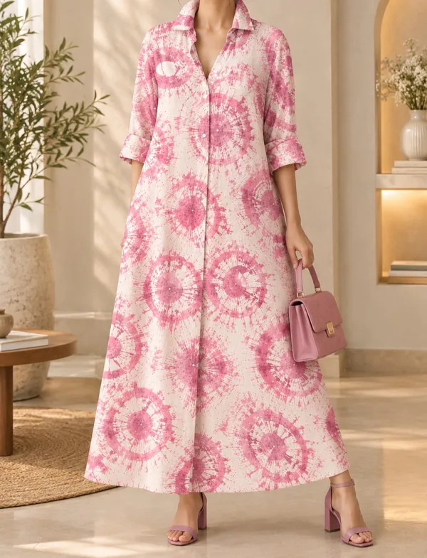 White_And_Pink_Tie-Dye_Long_Shirt_Dress_For_Women