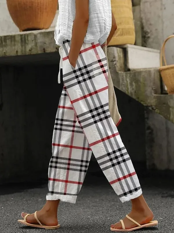 White_Chex_Print_Cotton_Pants