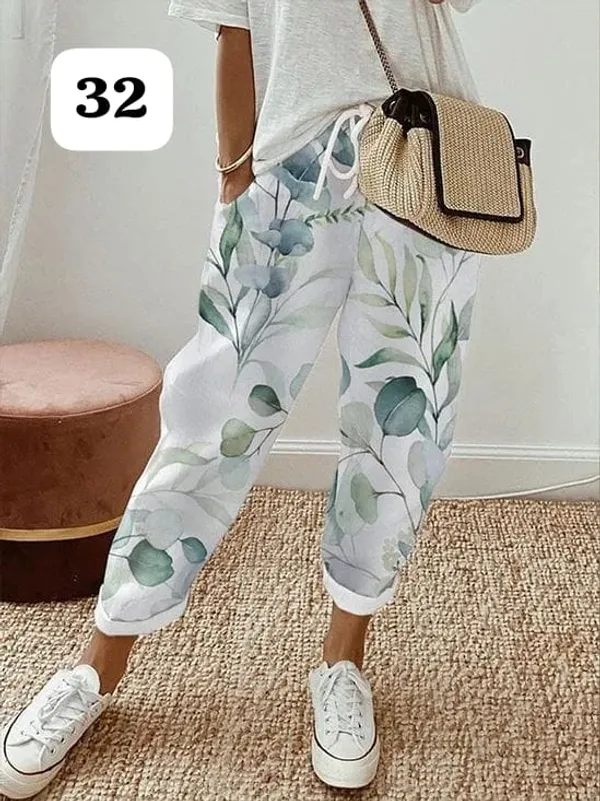 White_Floral_Print_Cotton_Pants_For_Women