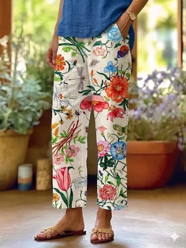 White_Floral_Print_Cotton_Pants_For_Women