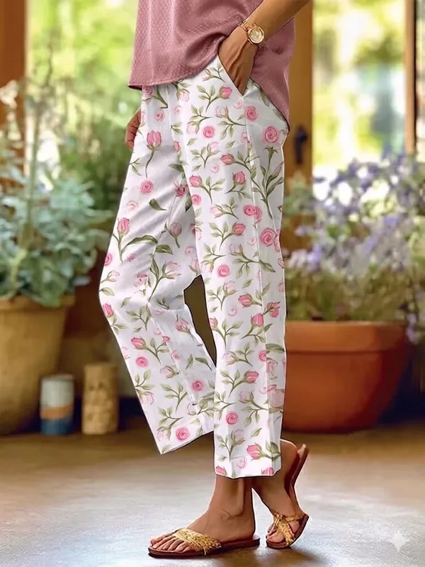 White_Floral_Print_Cotton_Pants_For_Women
