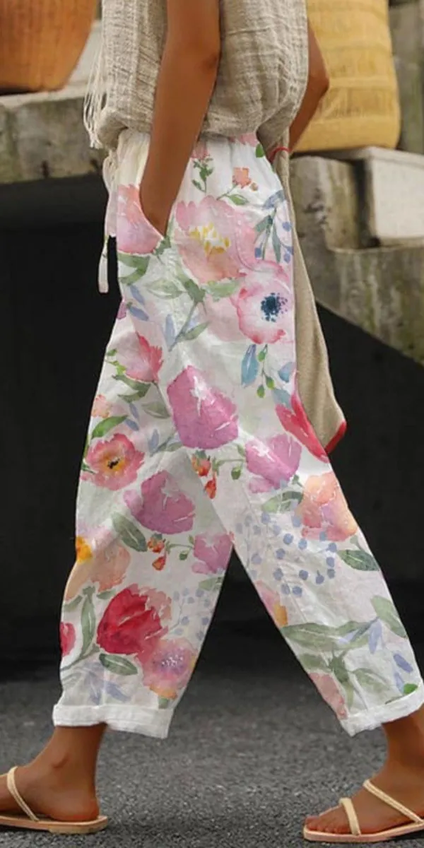 White_Floral_Print_Cotton_Pants_For_Women