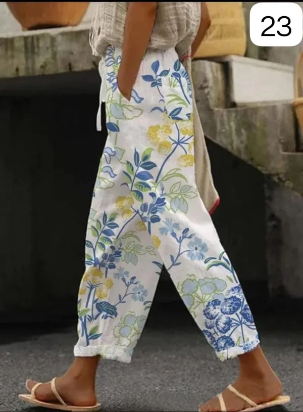 White_Floral_Print_Cotton_Pants_For_Women