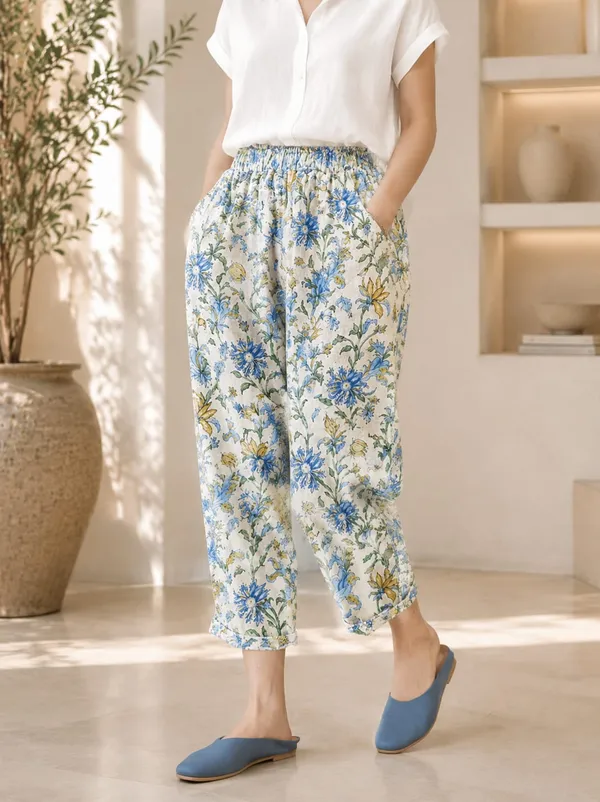 White_Floral_Print_Cotton_Pants_For_Women