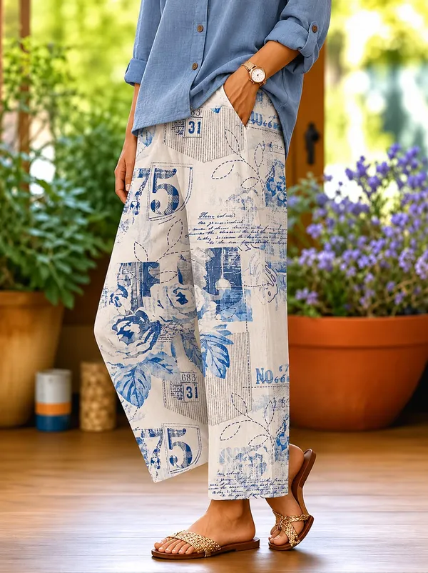 White_Floral_Print_Cotton_Pants_For_Women