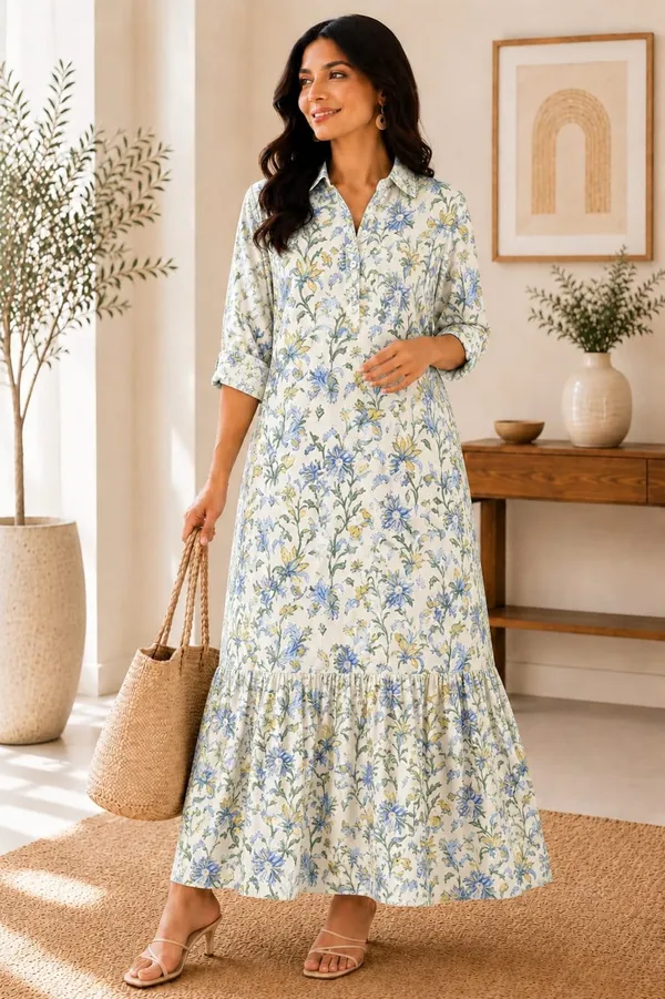 White_Floral_Printed_Long_Dress_For_Women