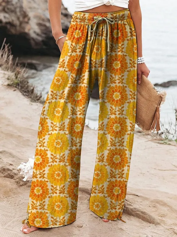 Rust_Line_flower_Print_Cotton_Pants_For_Women
