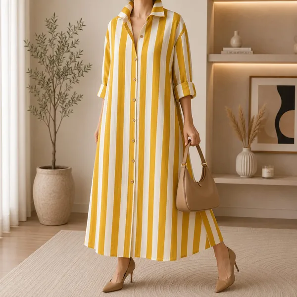 Yellow_Stripes_Long_Shirt_Dress_For_Women