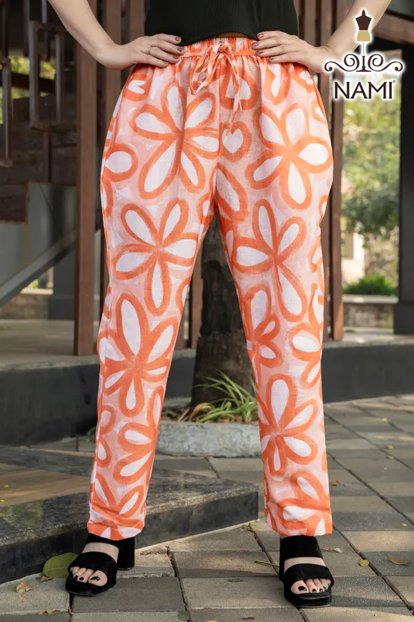 Orange__Floral_Print_Cotton_Pants_For_Women