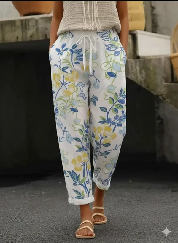 White_Floral_Print_Cotton_Pants_For_Women