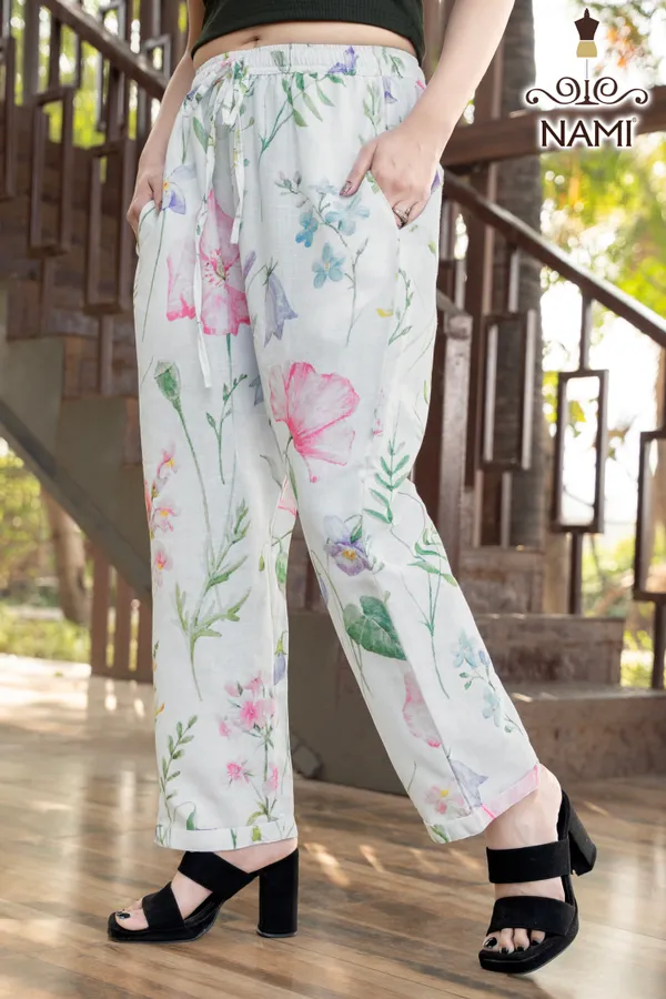 White_Line_Print_Cotton_Pants_For_Women