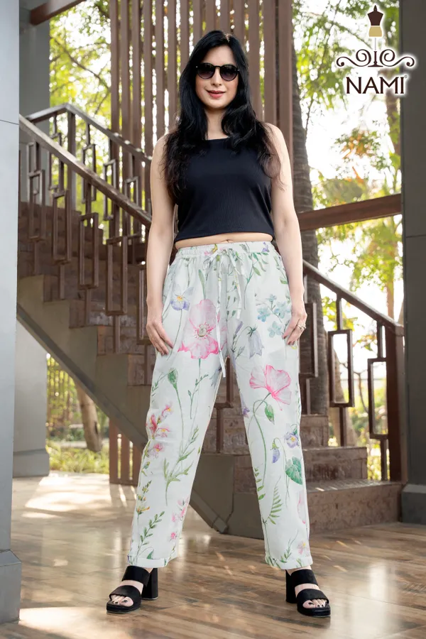 White_Line_Print_Cotton_Pants_For_Women