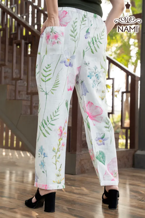 White_Line_Print_Cotton_Pants_For_Women