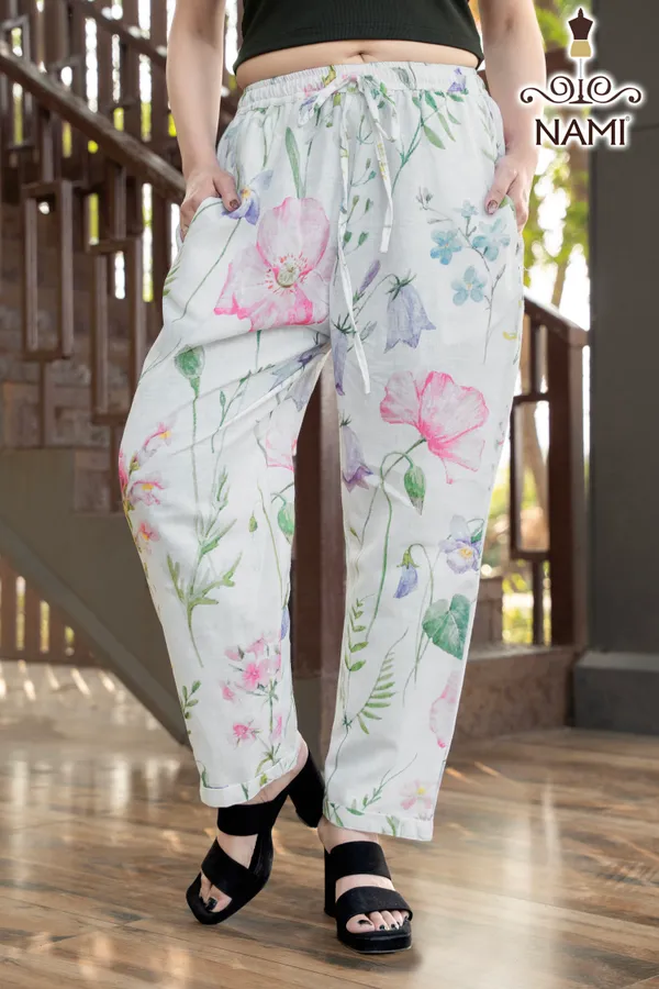 White_Line_Print_Cotton_Pants_For_Women
