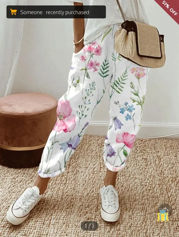 White_Line_Print_Cotton_Pants_For_Women